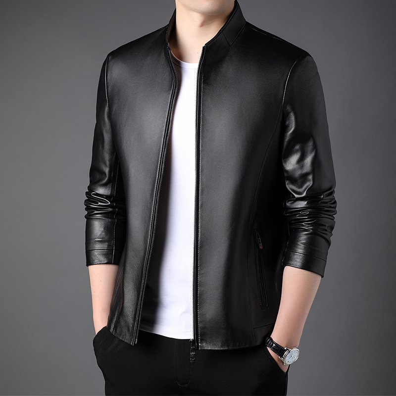 100纯羊皮头层真皮皮衣男加绒加厚皮夹克绵羊皮机车海宁头层春秋季外套男士真皮头层皮纯皮外套中年皮夹克男高清大图