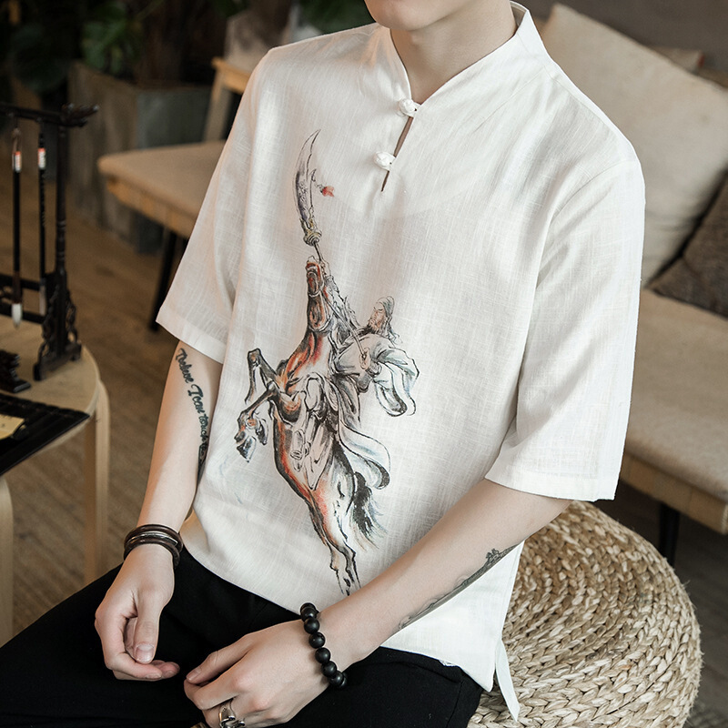 中国风白色亚麻短袖男宽松大码胖子中袖棉麻料T恤半袖刺绣休闲夏