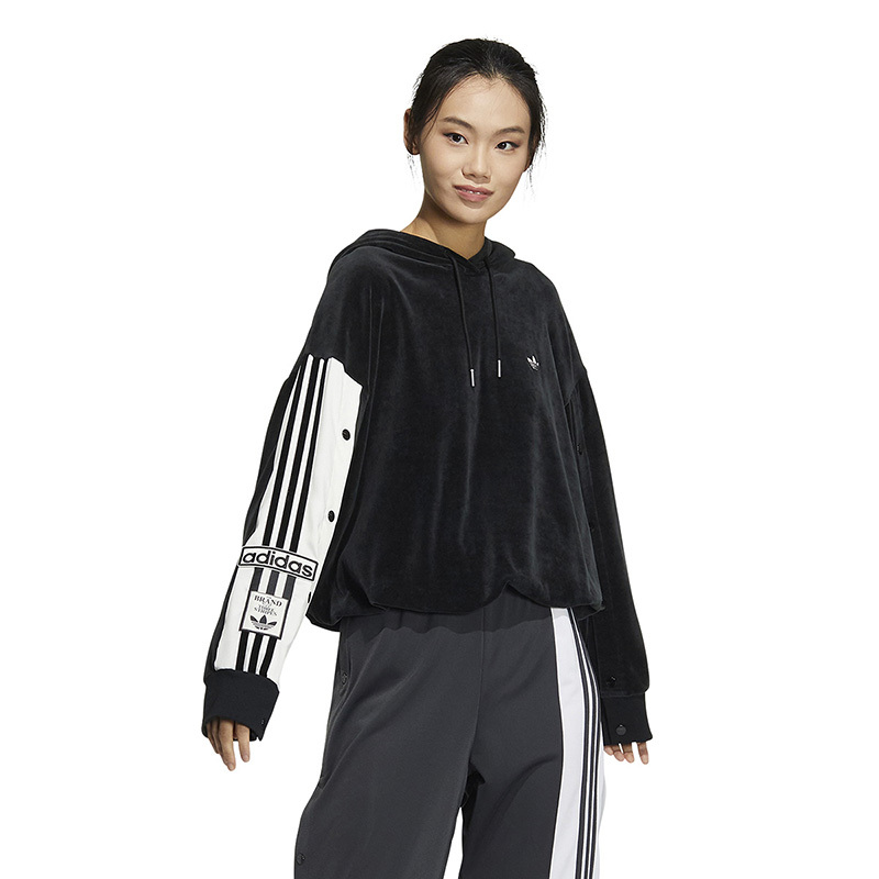 adidas originals FW22 条纹Logo印花图案圆领连帽长袖卫衣 女款 黑色 IC8140