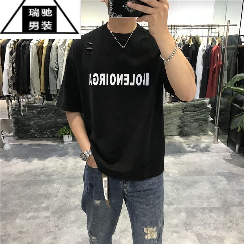 希杰狮王新款男字母印花破洞短袖T恤男潮牌美式休闲圆领半袖上衣百搭潮流图片