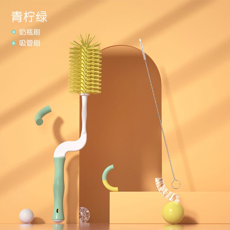 奶瓶刷子奶嘴刷阿斯卡利(ASCARI)清洁刷套装硅胶婴儿奶瓶刷便携清洗360度旋转 奶瓶刷[青柠绿](送吸管刷)图片
