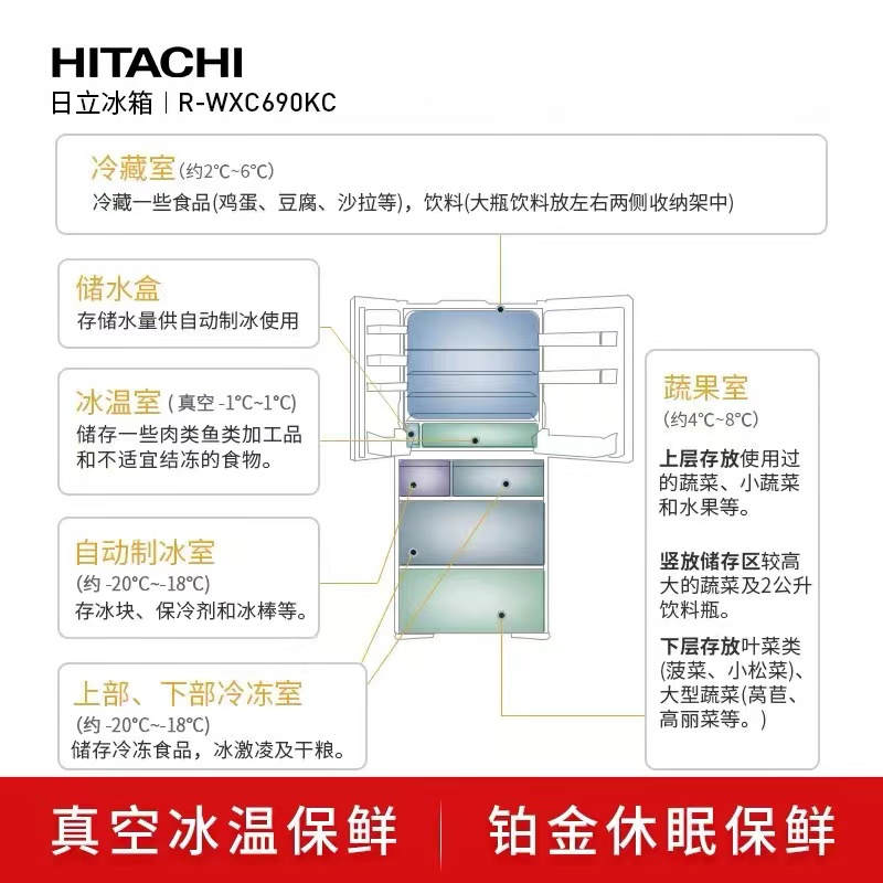 日立(HITACHI)670升多门风冷变频冰箱触控电动抽屉 真空休眠保鲜R-WX690KC(水晶黑)日本原装进口