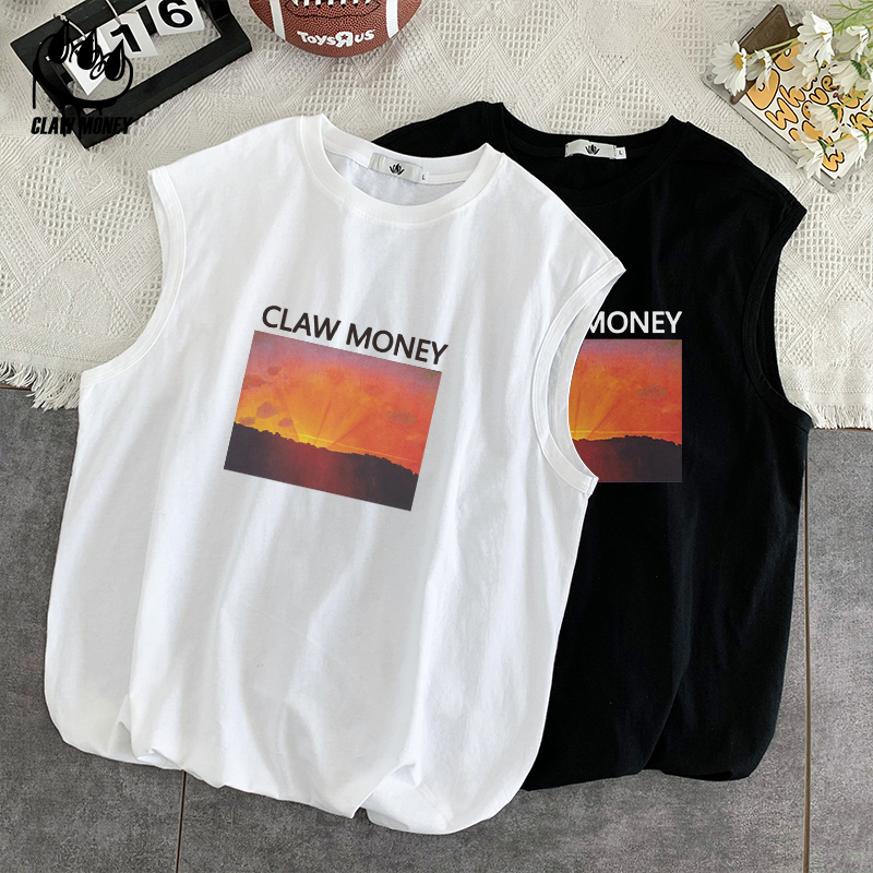 Claw money纯棉宽松运动背心男夏季潮牌休闲无袖T恤健身篮球坎肩