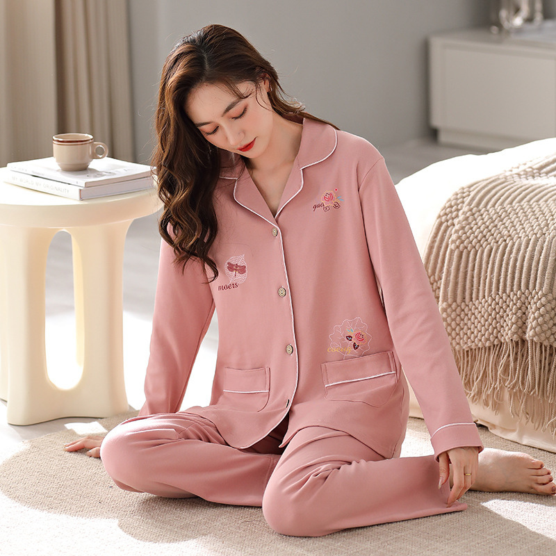睡衣女士秋冬季棉质开衫翻领长袖韩版宽松加大码家居服套装可外穿