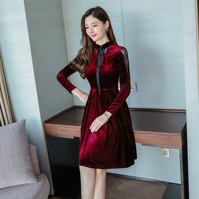 秋装女2018新款韩版时尚气质名媛修身显瘦中长款裙子金丝绒连衣裙