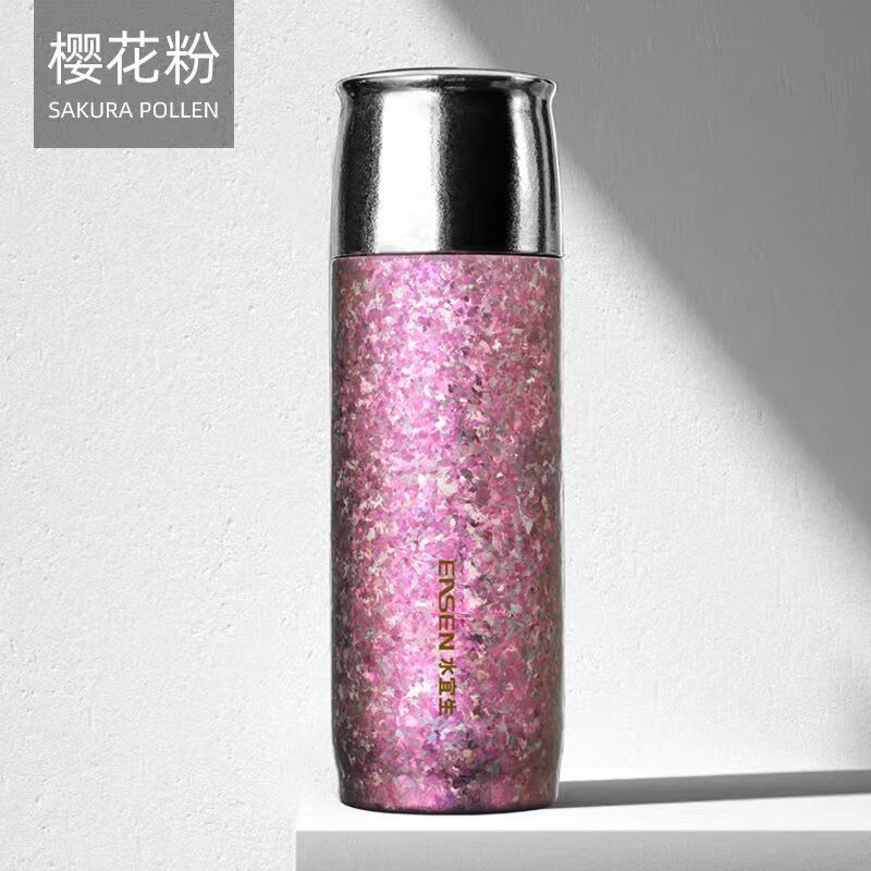 水宜生 450ML纯钛保温杯 高档养生钛晶水杯 双层高端女士保温杯 随身茶杯 T880 樱花粉