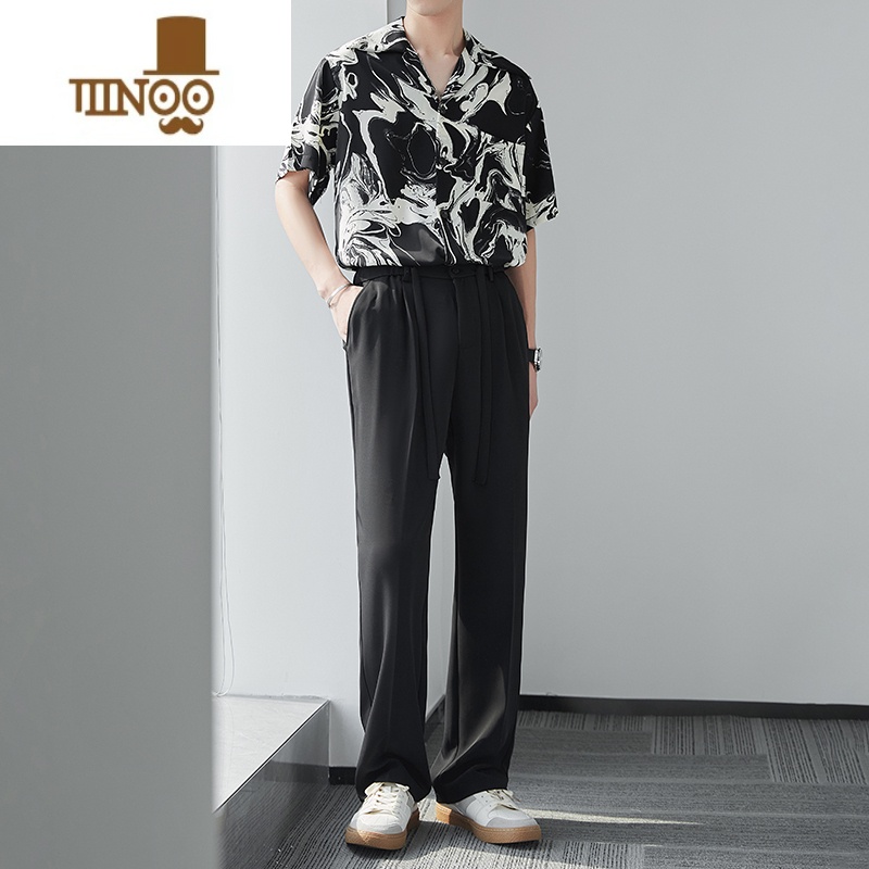 YANXU冰丝裤子男款夏天宽松垂感抽绳男裤薄款休闲裤男士轻熟风阔腿长裤高清大图