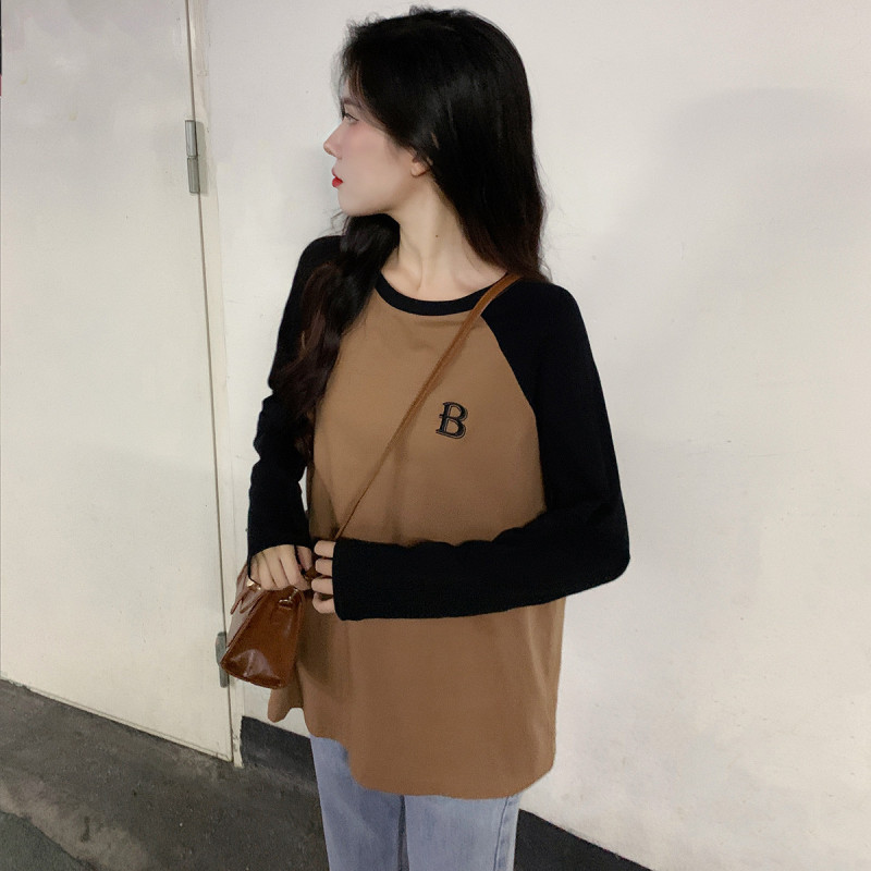 唐狮春季女圆领拼接字母长袖T恤百搭潮流时尚别致韩系