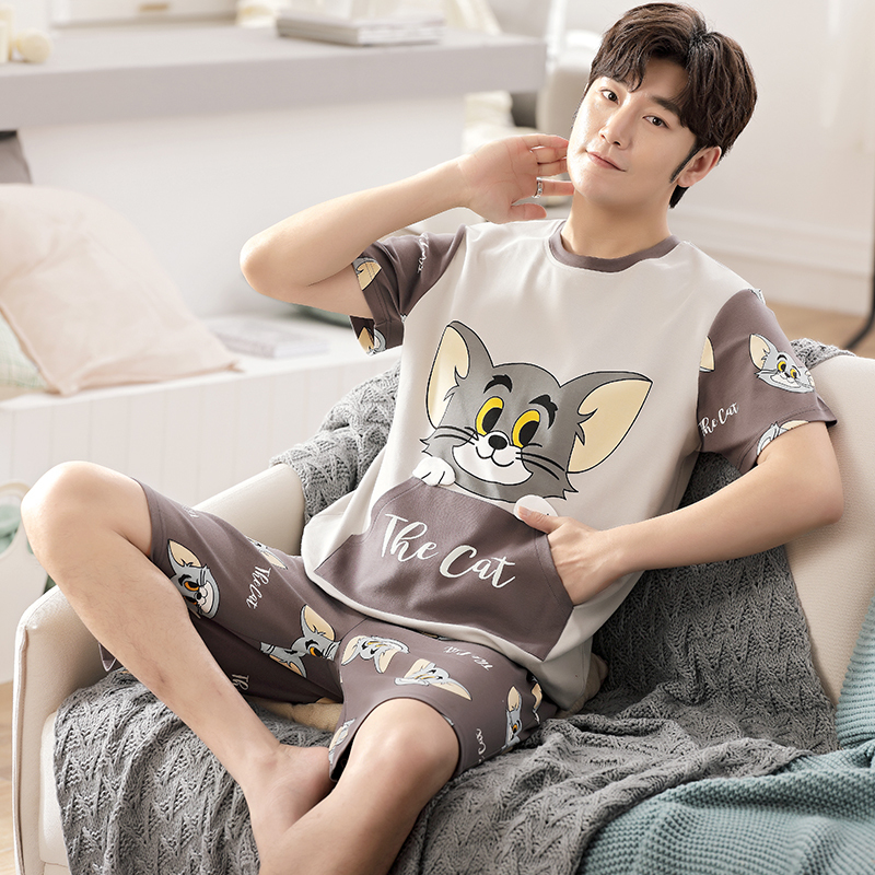 男士睡衣夏季短袖纯棉卡通青少年学生薄款全棉家居服夏天男生套装视频