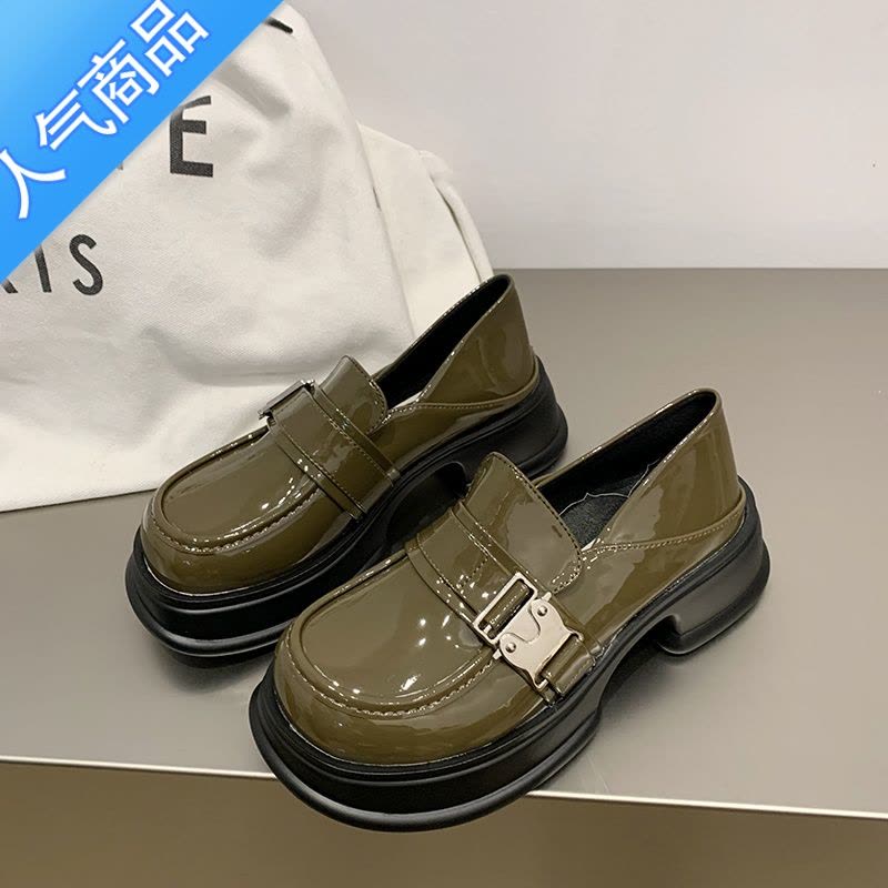 SUNTEK[moca茉卡]厚底乐福鞋女复古圆头增高小皮鞋金属扣英伦风单鞋图片