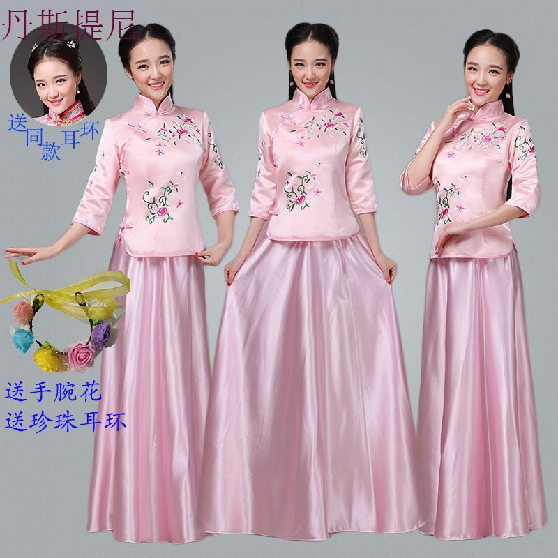 中式伴娘服长款姐妹团闺蜜装婚纱礼服秀禾伴娘女民国风合唱服长裙