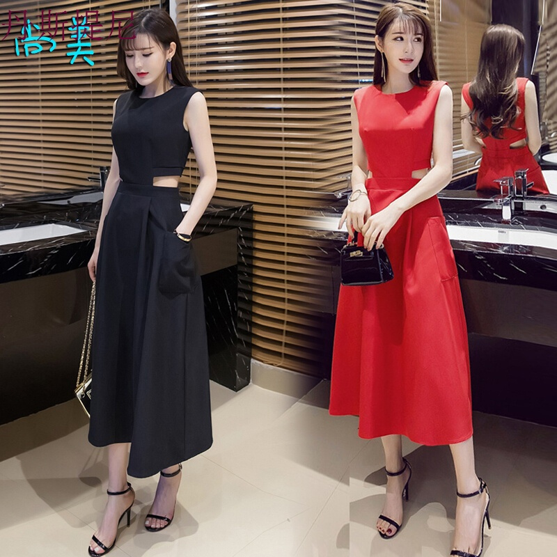 2018夏季女装时尚性感露腰修身显瘦收腰连衣裙气质小礼服长裙