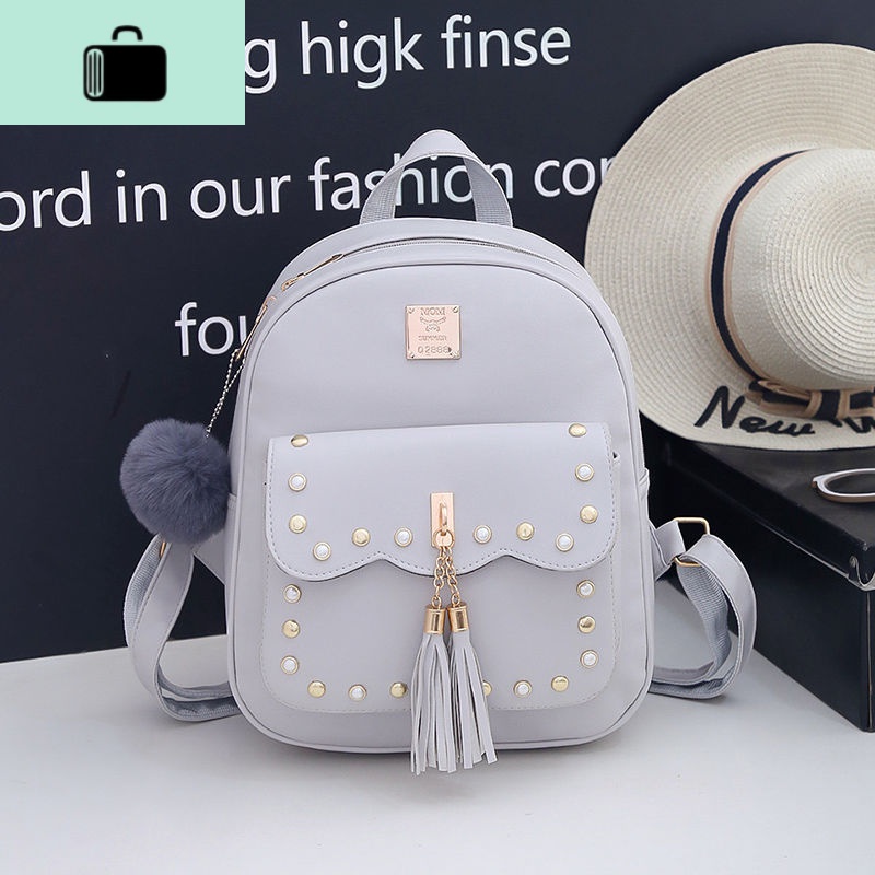 小清新双肩包女2020新款韩版潮百搭少女士流苏铆钉背包学院风书包NEW LAKE 灰色单包【无挂件】