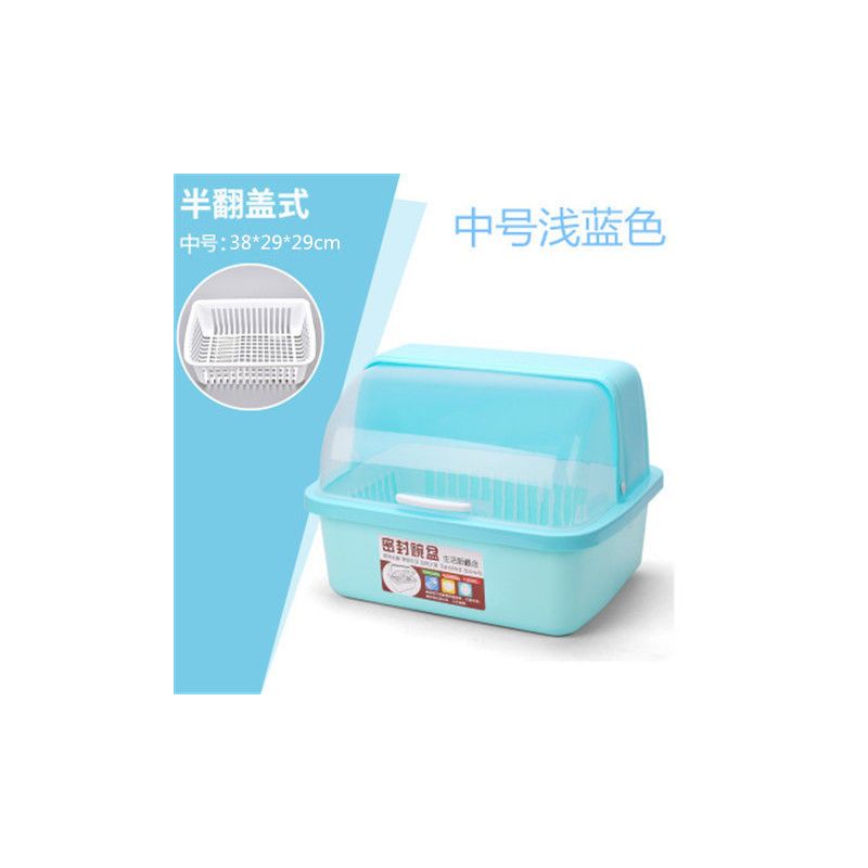 厨房大号塑料碗柜带盖沥水碗架装碗碟碗筷收纳盒放碗箱餐具置物架|浅蓝 特大号无抽水盘(带筷子筒)