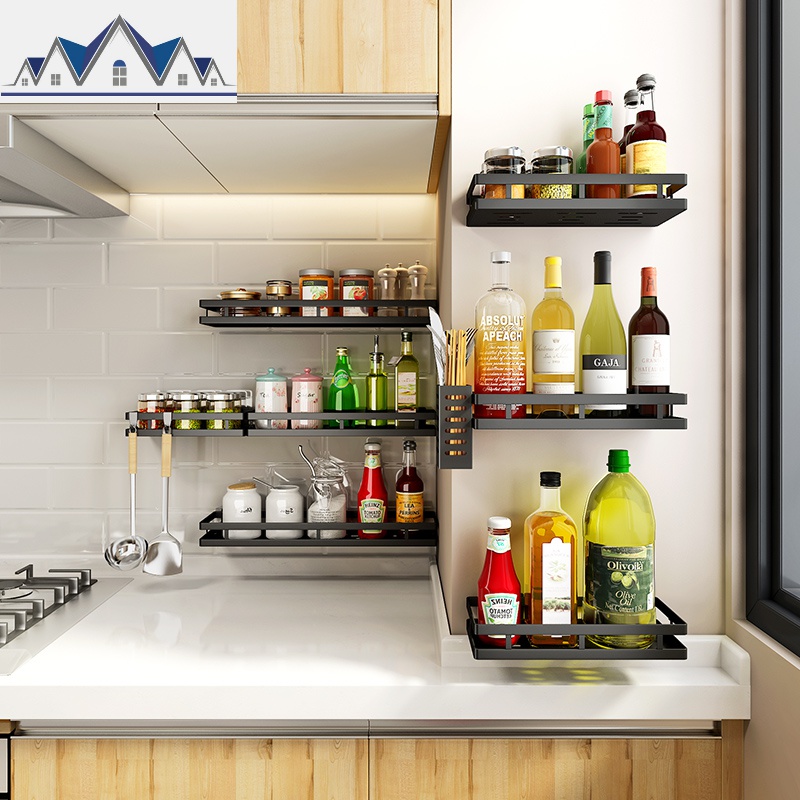 免打孔厨房置物架壁挂式调料架黑色调味品料收纳架子用品家用大全_2_764高清大图