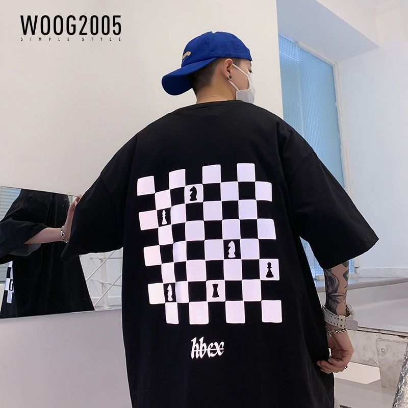 WOOG2005夏季棋盘格t恤半袖男士宽松韩版潮流体恤ins港风短袖上