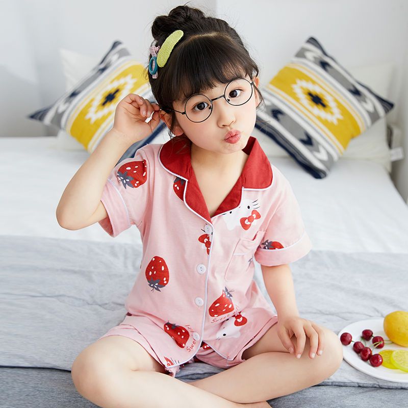 儿童睡衣夏季男童女童睡衣短袖精梳棉卡通开衫中大童家居服套装夏