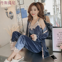 韩版睡衣女秋季性感三件套家居服套装性感长袖加绒冬季薄款珊瑚绒