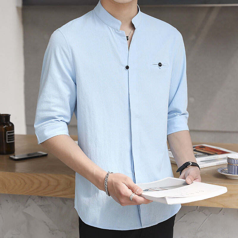 春夏季五分袖立领衬衣男士短袖修身韩版v领七分中袖衬衫衣服潮流yy