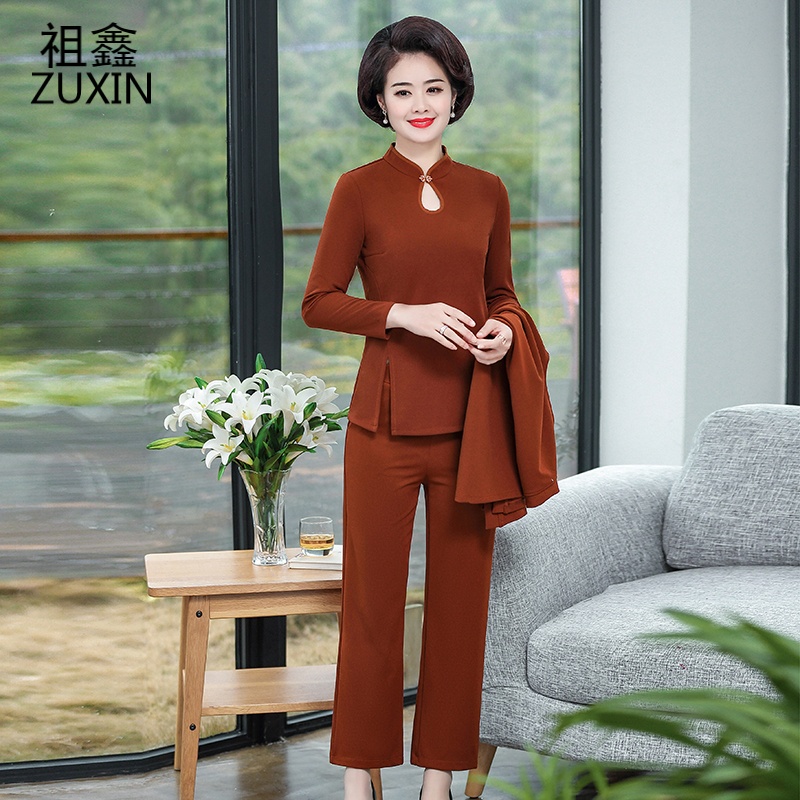 祖鑫2019中老年女春装套装40岁50妈妈春秋装婚礼三件套衣服中年女洋气外套