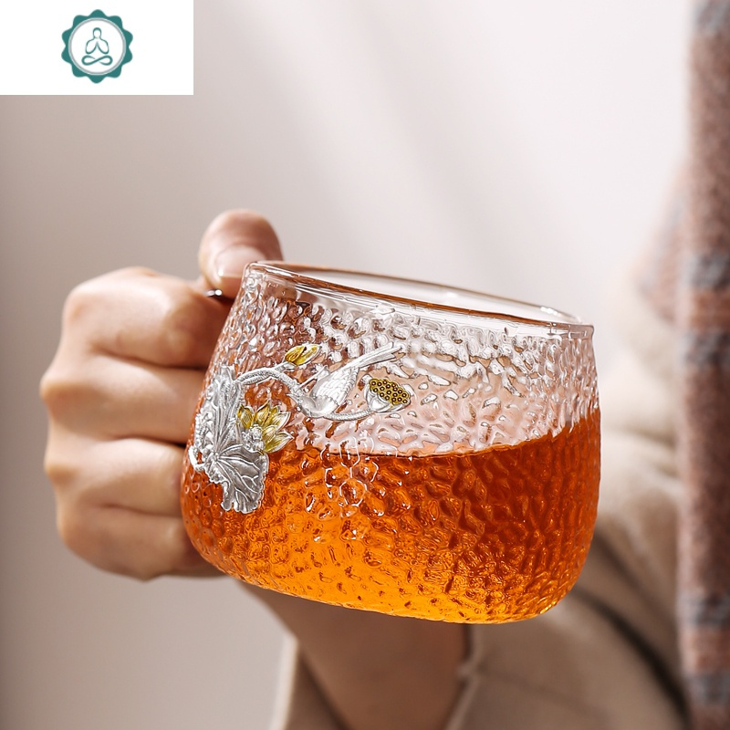 日式锤纹玻璃茶杯家用便携办公大水杯花茶绿茶杯玻璃杯