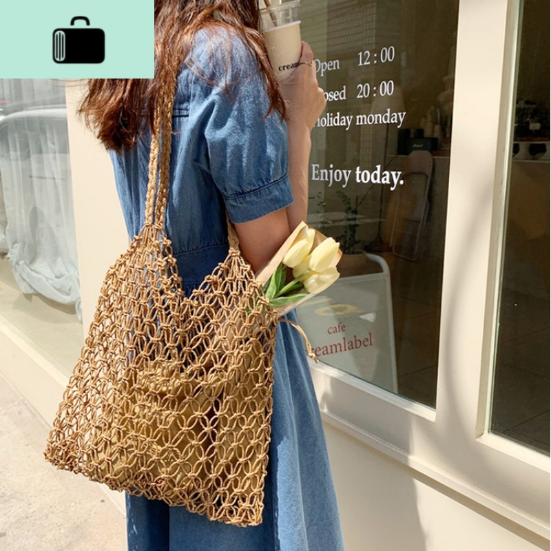 ins夏季风新款手工纸绳编织渔网兜镂空单肩包休闲沙滩女包编包NEWLAKE高清大图