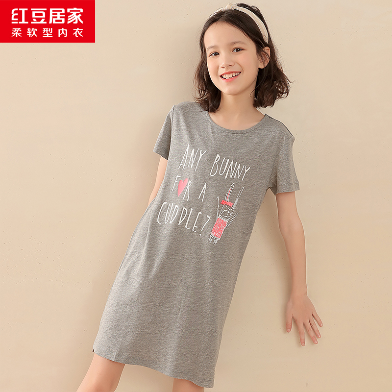 [商场同款]红豆居家夏款女童棉质家居裙小女孩圆领萌趣印花休闲风短袖睡裙