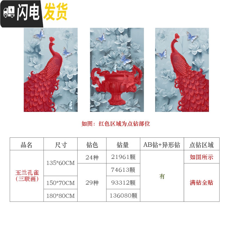 三维工匠2019年新款5d异形钻石画满钻带框客厅三联画孔雀十字绣自己手 玉兰孔雀三联满钻[210*93厘米]送工具包2套高清大图