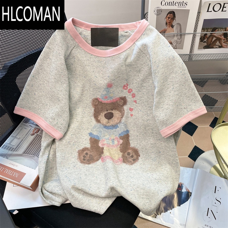 HLCOMAN韩系设计师可爱小熊短袖T恤男女夏宽松小众甜美减龄撞色休闲上衣