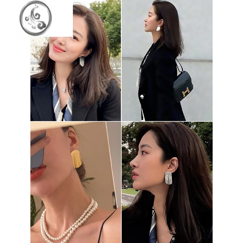 JiMiJILIFANG高级感法式复古风小众时髦欧美派对银色镜面镀金流苏耳环
