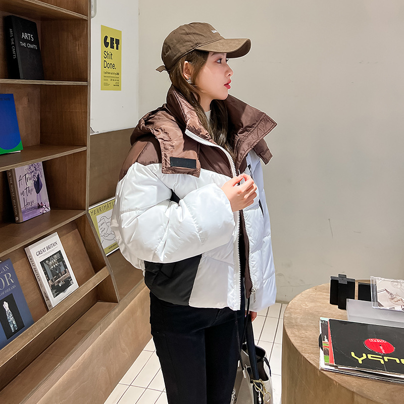 棉服女短款宽松拼接撞色个性保暖棉衣甜酷小个子加厚棉袄外套冬潮 咖啡帽子 M