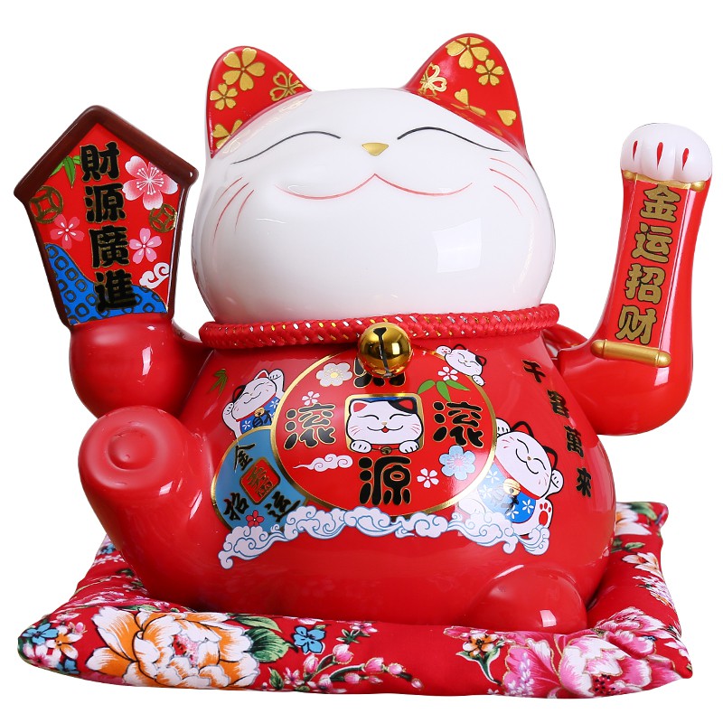 摇手猫陶瓷摆件 店铺开业礼品收银台电动大号红色招手发财猫 三维工匠 10寸生意兴隆(摇手)猫高清大图