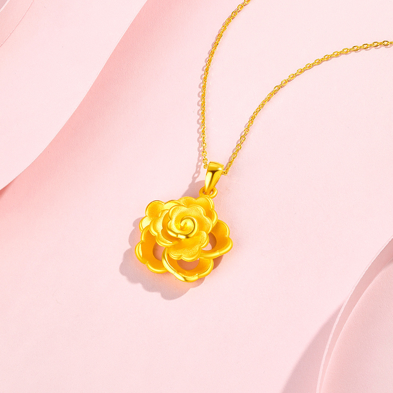 梦金园玫瑰花足金挂坠花蕊黄金吊坠花朵项坠送女友生日礼物