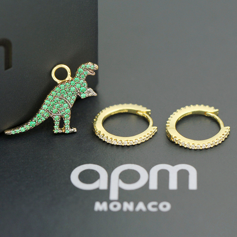 apm MONACO经典镶绿晶钻小恐龙耳环925银耳饰AE10940XGY 薄荷绿