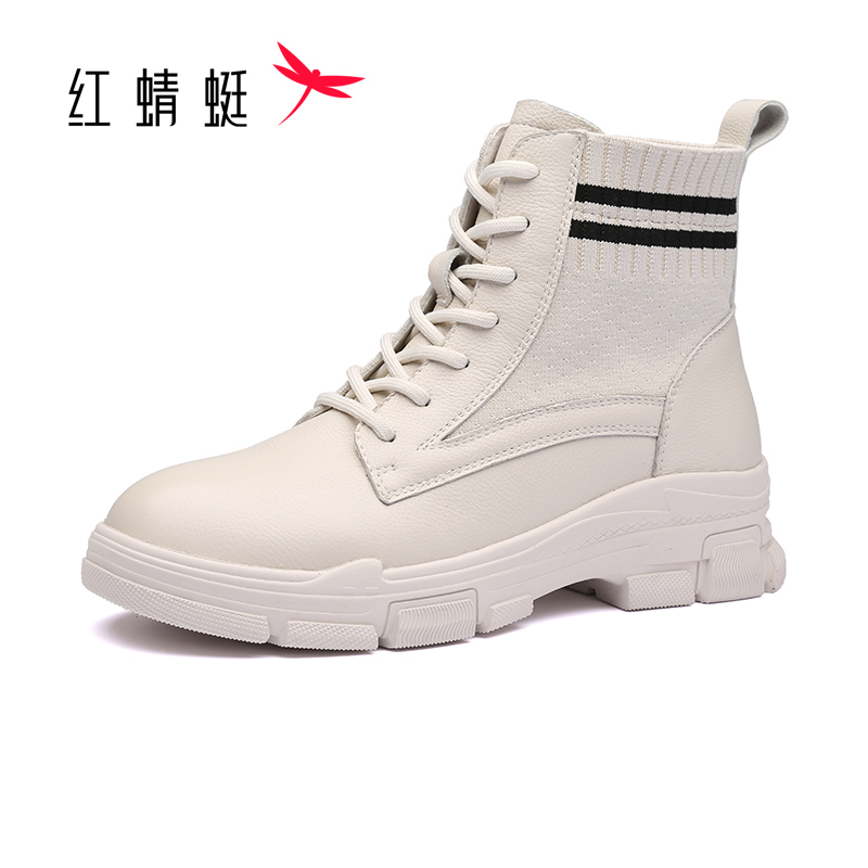 红蜻蜓休闲鞋女春秋高帮系带女鞋学生时尚低筒短靴厚底显高休闲运动皮鞋女靴子高清大图