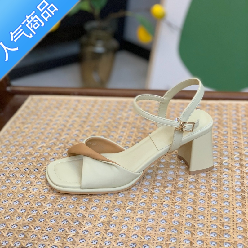 SUNTEK一字扣带凉鞋女7M2023年新款夏季仙女风粗跟高跟鞋时装罗马女鞋