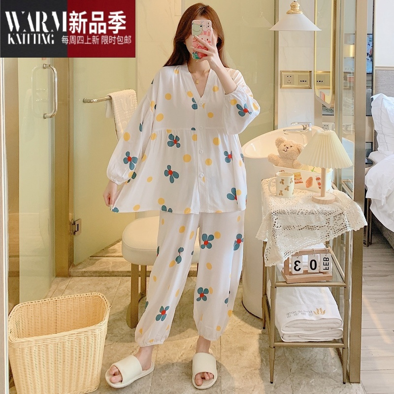 shanchao新款棉绸睡衣女款长袖网红夏季可爱少女生绵绸家居服套装