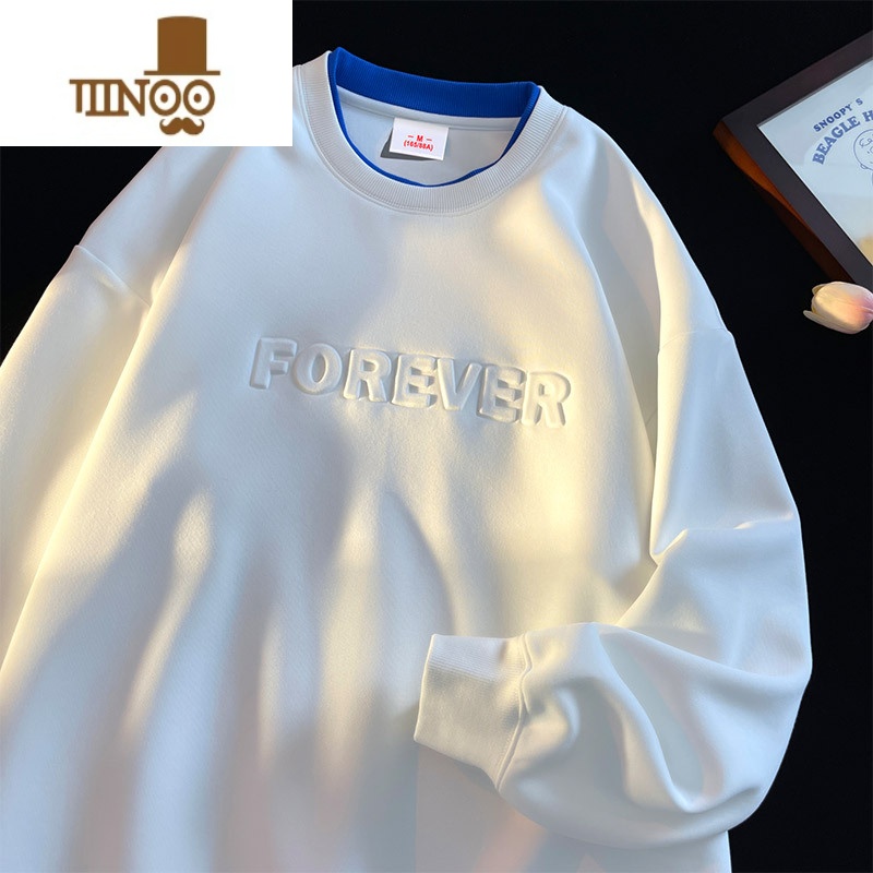 YANXU原宿风钢印卫衣男士圆领vintage内搭上衣简约宽松潮流外套 白色 S