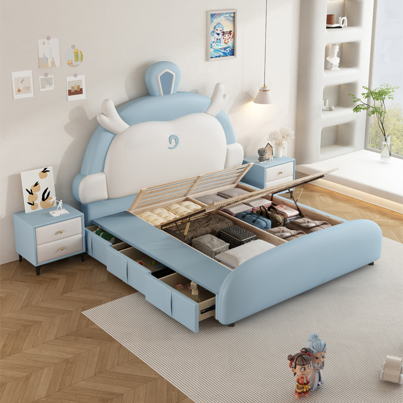 欧梵森创意童趣敖丙儿童床男孩女孩卡通软包床现代简约卧室真皮床储物实木单双人床高清大图