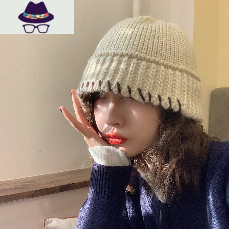 帽子女秋冬季韩版渔夫帽锁边气质盆帽大头显脸小保暖粗毛线针织帽 FISH BASKET