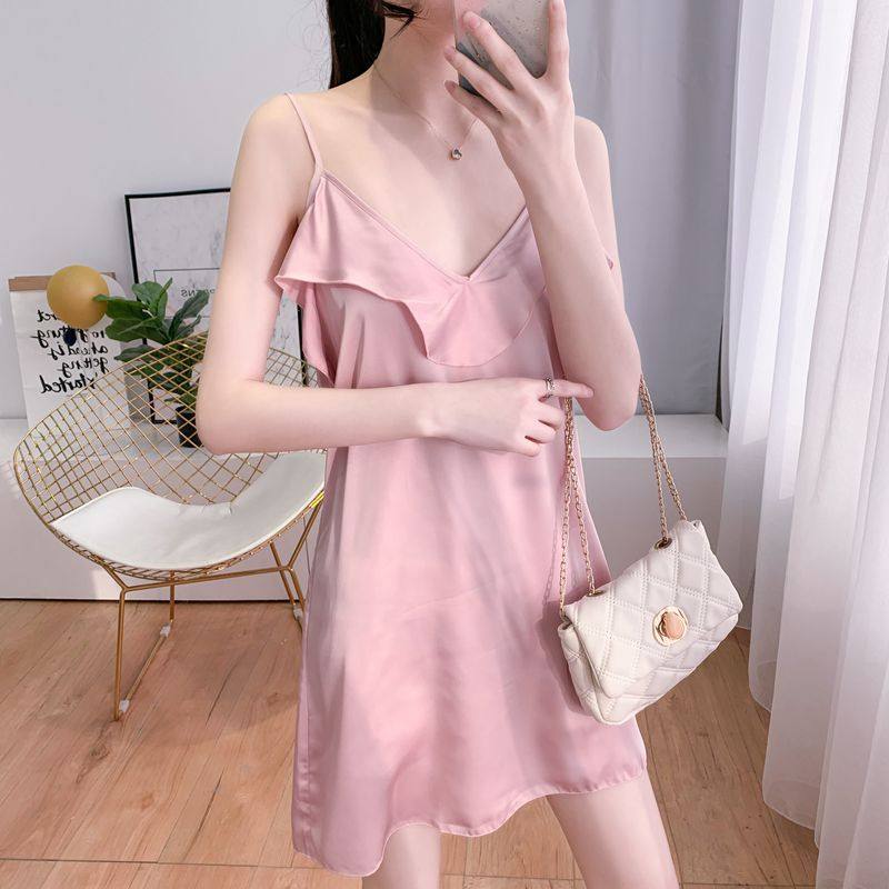 suntek冰丝睡裙女夏蕾丝可爱薄款小胸性感睡衣吊带裙短款春秋家居服