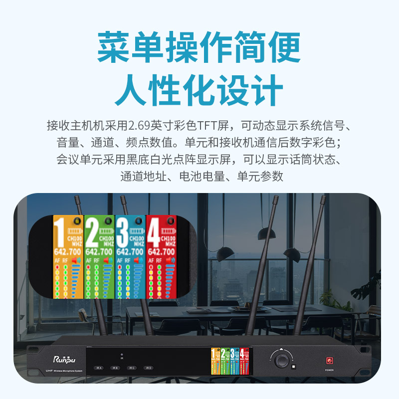 润普Runpu会议音频扩声系统 真分集+UHF桌面式方杆专业无线一拖四红外对频鹅颈麦克风话筒RP-SU104F高清大图