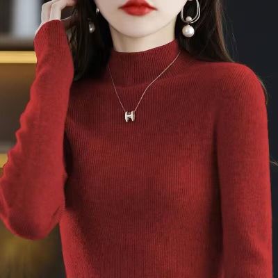 毛衫女秋冬新款半高领毛衣宽松纯色打底线衣针织衫 酒红 S