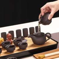 百鸿(Baihong) 整套茶具密胺茶盘竹茶托盛水式功夫茶具茶壶四合一 家用简约密胺黑原矿紫砂电热炉套装