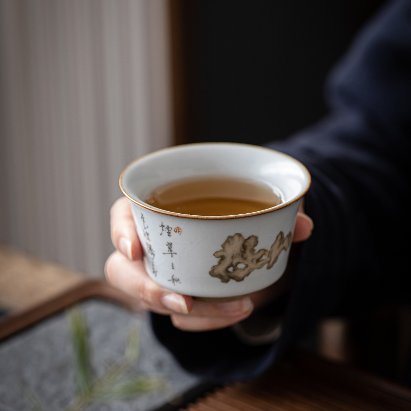 汝窑茶杯主人杯品茗杯功夫茶杯心经杯陶瓷茶盏茶具个人单杯喝茶杯 三维工匠 月白汝窑反口杯-心经高清大图
