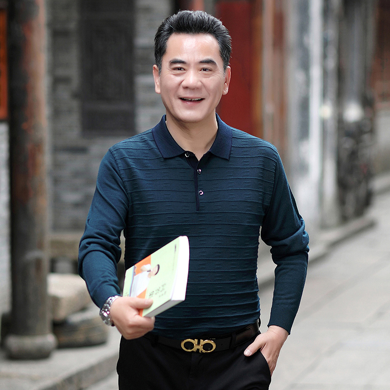 suntek爸爸春季中老年人男装春装中年男士薄款长袖t恤针织衫爷爷上