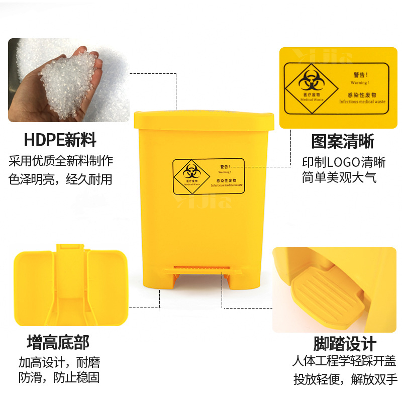 翌嘉YJ4060423医疗垃圾桶脚踏式垃圾箱黄色带盖废物回收箱 100升带轮款高清大图