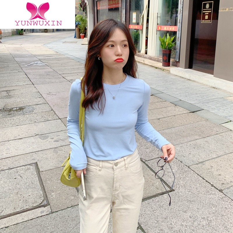 YUNWUXIN奶蓝/淡黄/白色 秋季长袖t恤洋气修身内搭打底衫女短款上衣纯欲风T恤