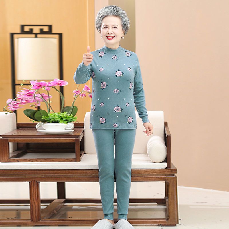 中老年人妈妈秋衣秋裤长袖套装秋冬保暖内衣女奶奶装春秋装打底衫