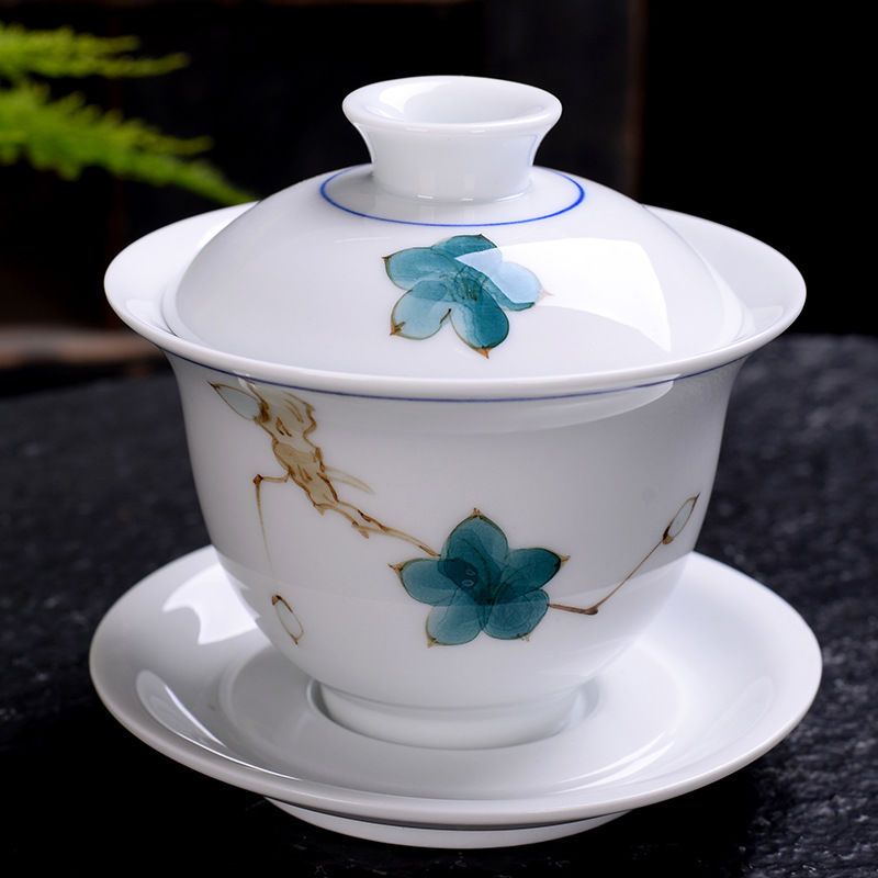 盖碗茶杯景德镇青花瓷盖碗大号陶瓷功夫茶具三才碗敬茶碗泡茶壶白瓷